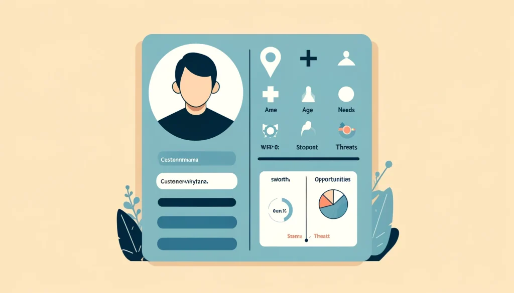 Illustration showing a customer persona and a SWOT analysis chart