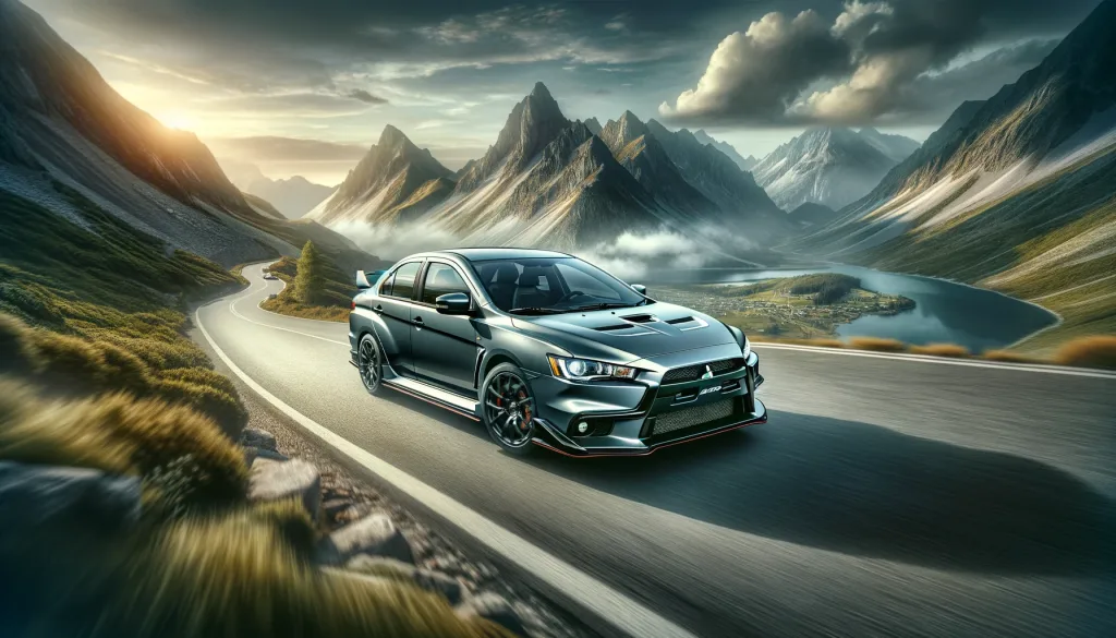 Mitsubishi Lancer Evolution GSR on a mountain road showcasing all-wheel drive