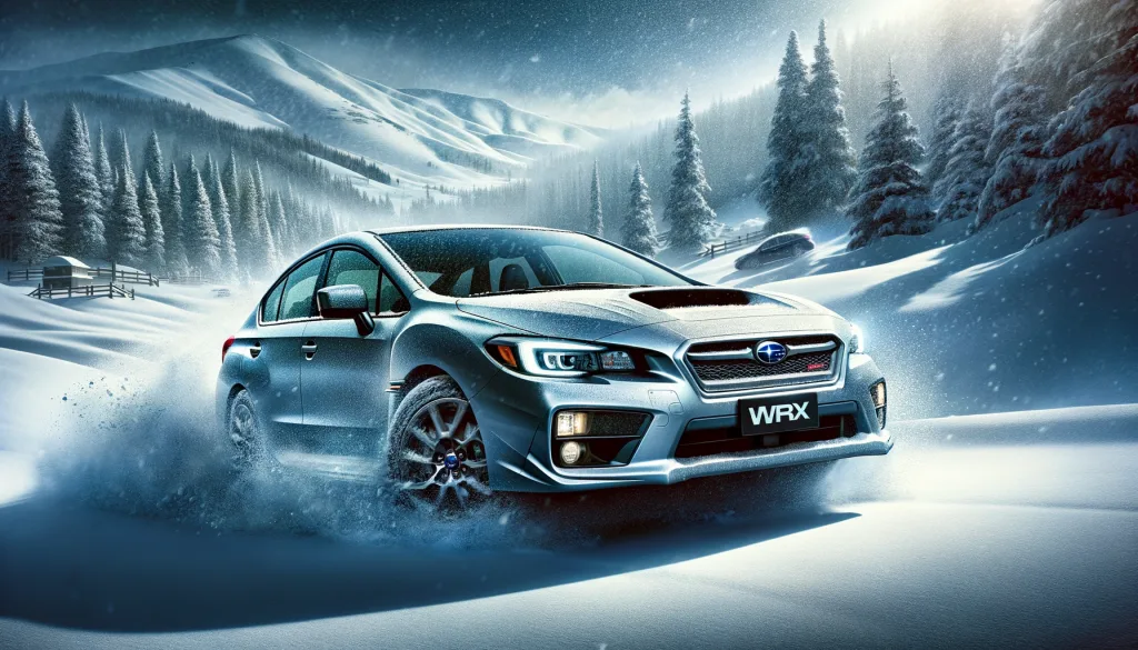2015 Subaru WRX showcased in a snowy landscape highlighting its AWD capabilities
