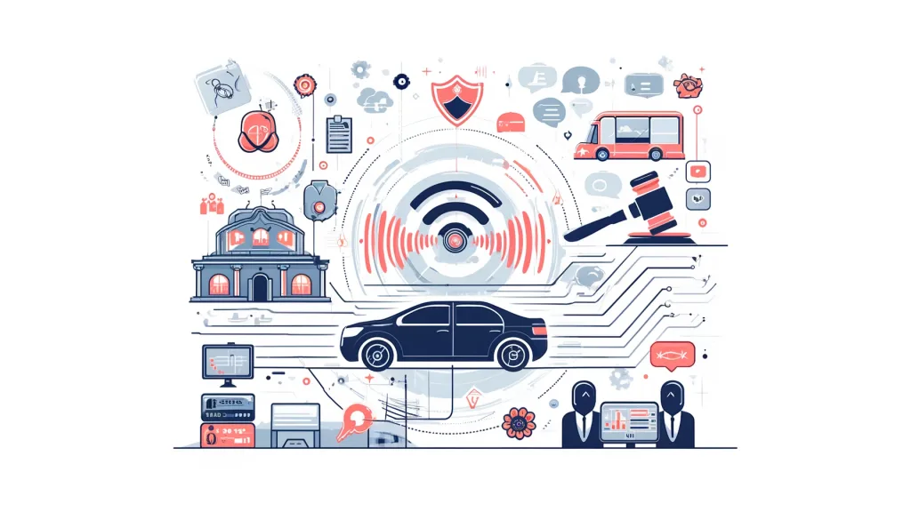 Illustration of advanced car safety technologies like EDRs, ADAS, and vehicle-to-vehicle communication systems, with a car emitting data waves, a collision analysis, and courtroom icons.
