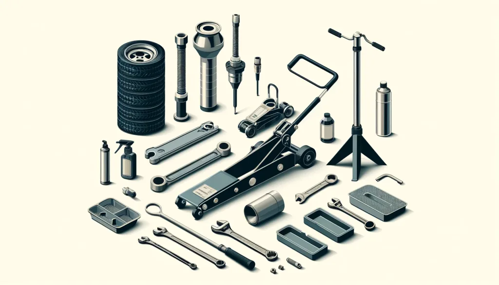 Illustration of essential tools for a DIY oil change, including a hydraulic floor jack, jack stands, sockets, oil filter wrench, drain pan, and funnel