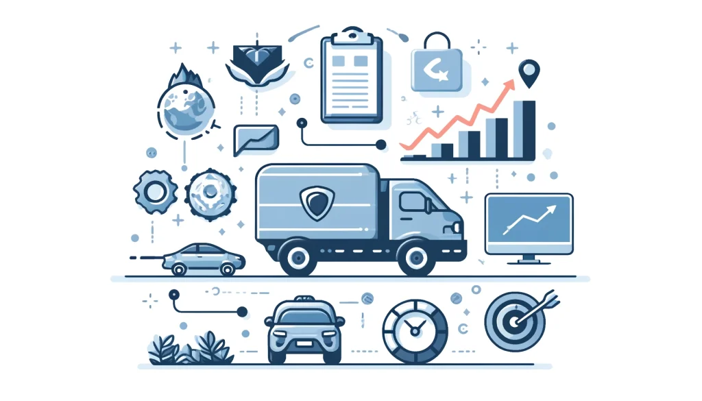 Illustration representing effective marketing strategies for car transport businesses, including a car being transported, digital marketing icons, and a growth chart in a minimalist style.