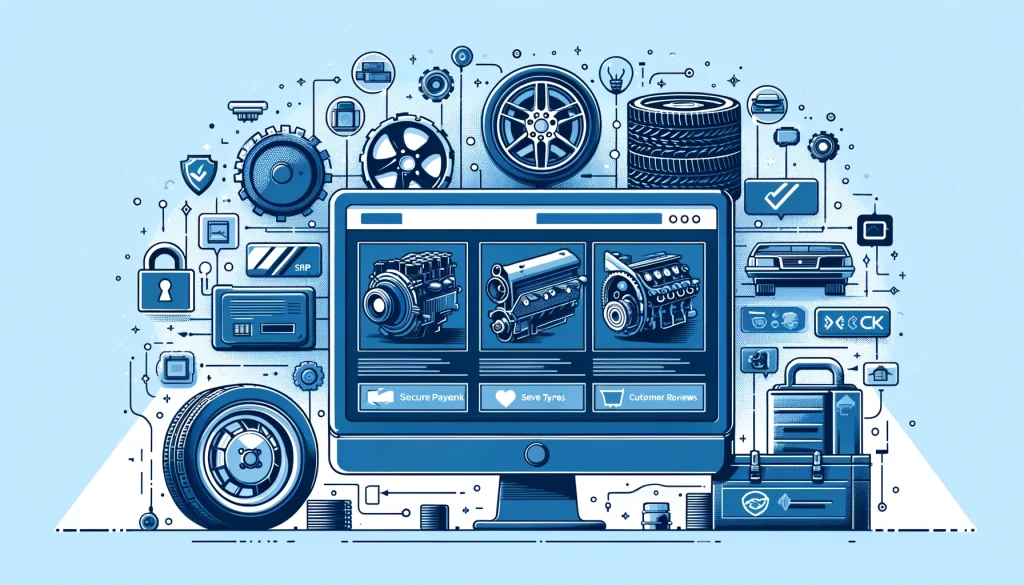 Illustration of a computer screen displaying an e-commerce website with auto parts and icons representing secure payment methods, customer reviews, and trusted brands.