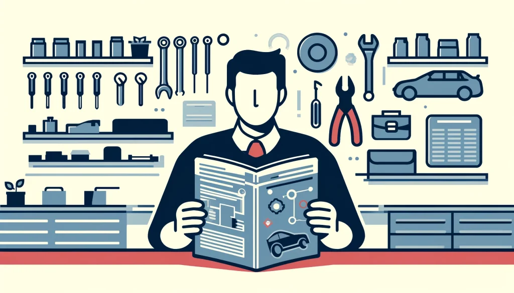 Person using a car repair manual to fix a car in a modern garage with organized tools and car parts.