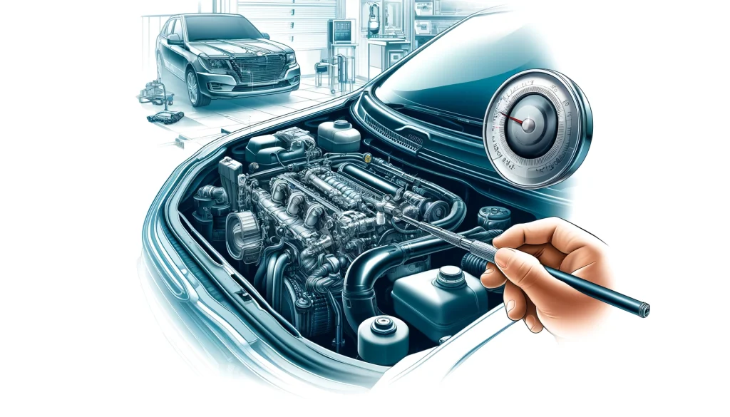 Illustration of a car engine bay highlighting the thermostat, showing common issues like overheating and coolant leaks.