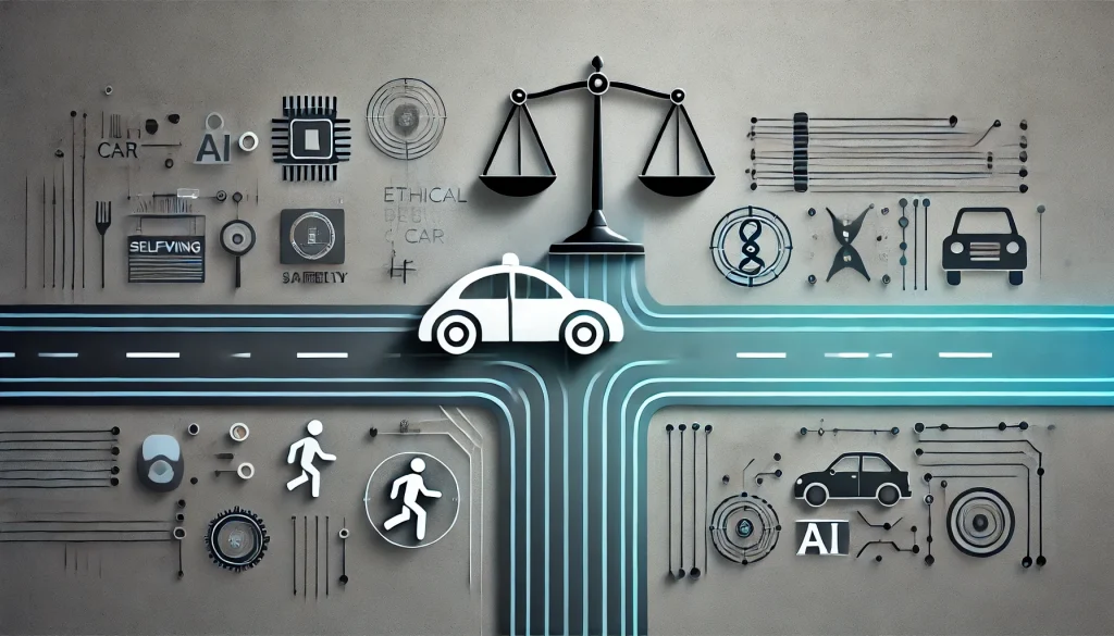 Illustration of a self-driving car surrounded by ethical dilemma symbols, including a balance scale, pedestrians, and AI circuits, representing the moral decisions autonomous vehicles face.