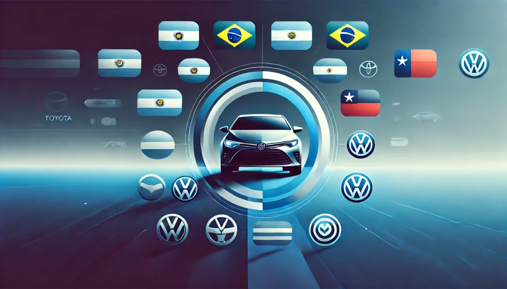 Illustration depicting a car surrounded by South American flags, representing the most popular car brands in South America, with global car brand logos like Toyota and Volkswagen.