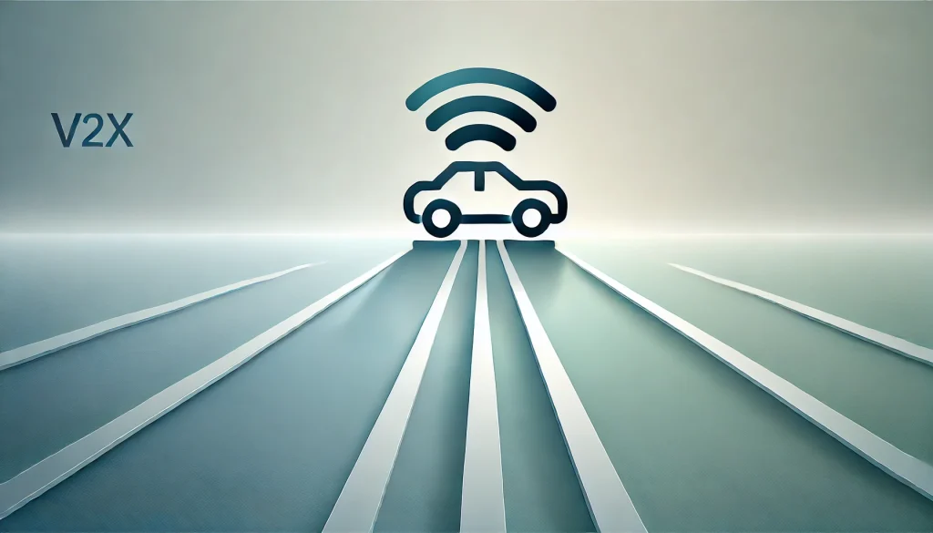 Illustration representing V2X communication technology with a connected vehicle emitting Wi-Fi signals, symbolizing the future of autonomous driving and smart transportation.
