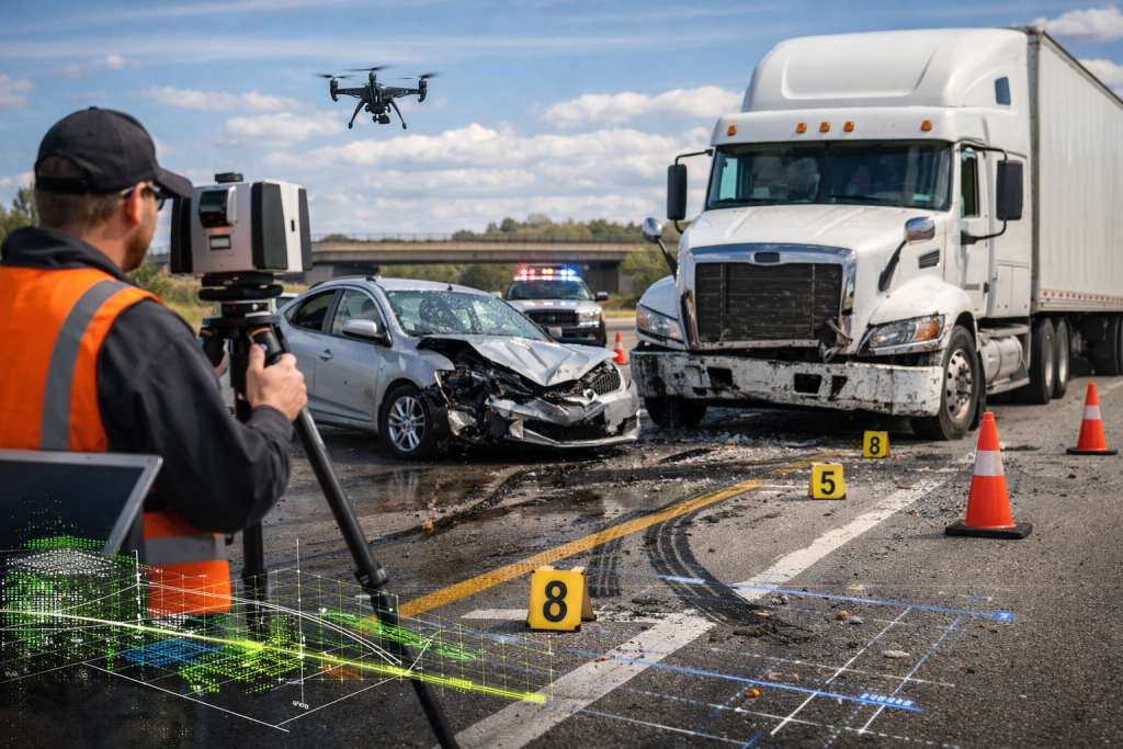 3D vehicle accident reconstruction scene on a U.S. roadway with laser scanning, drone mapping, and damaged vehicles
