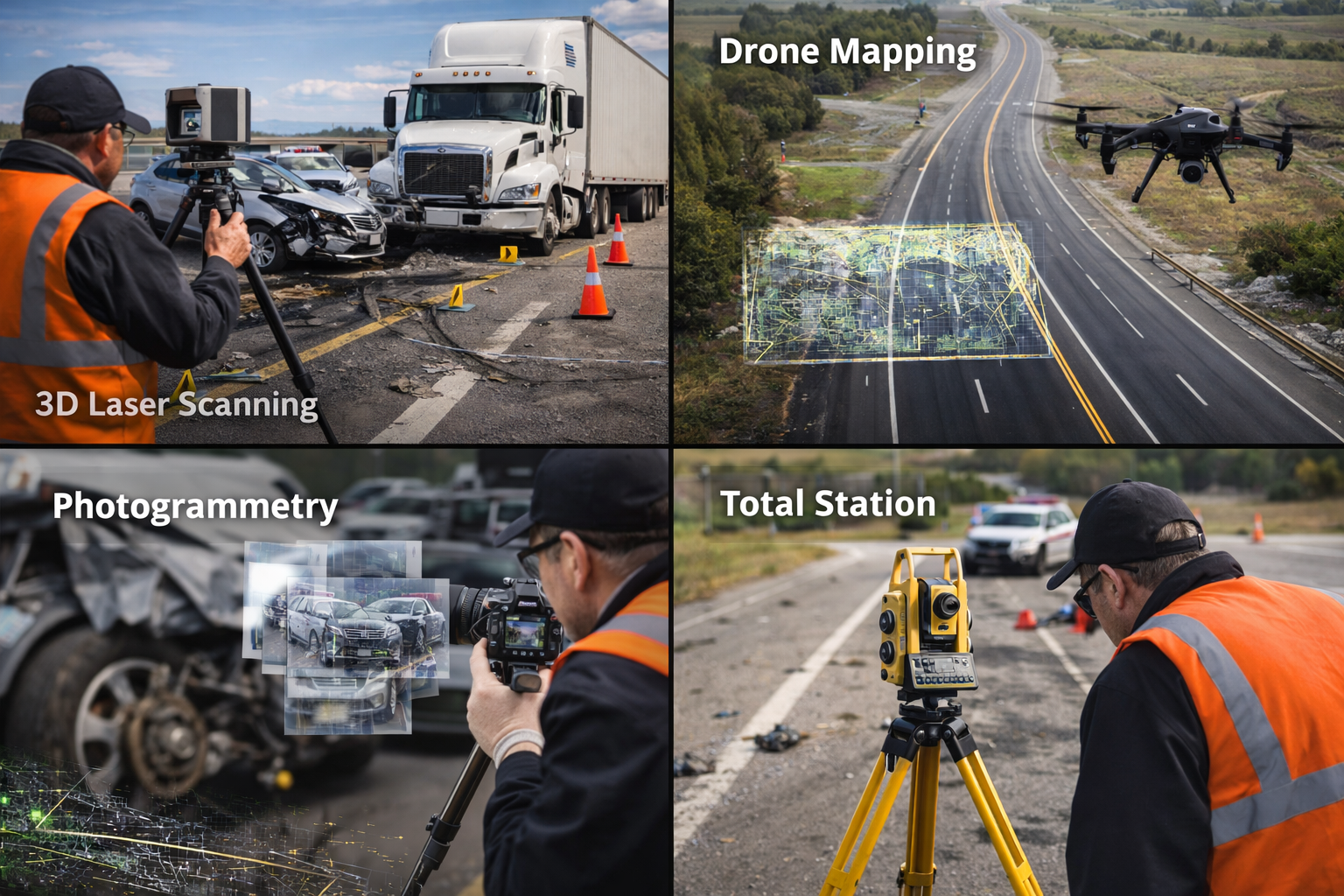 Crash reconstruction tools including laser scanning, drone mapping, photogrammetry, and total station surveying