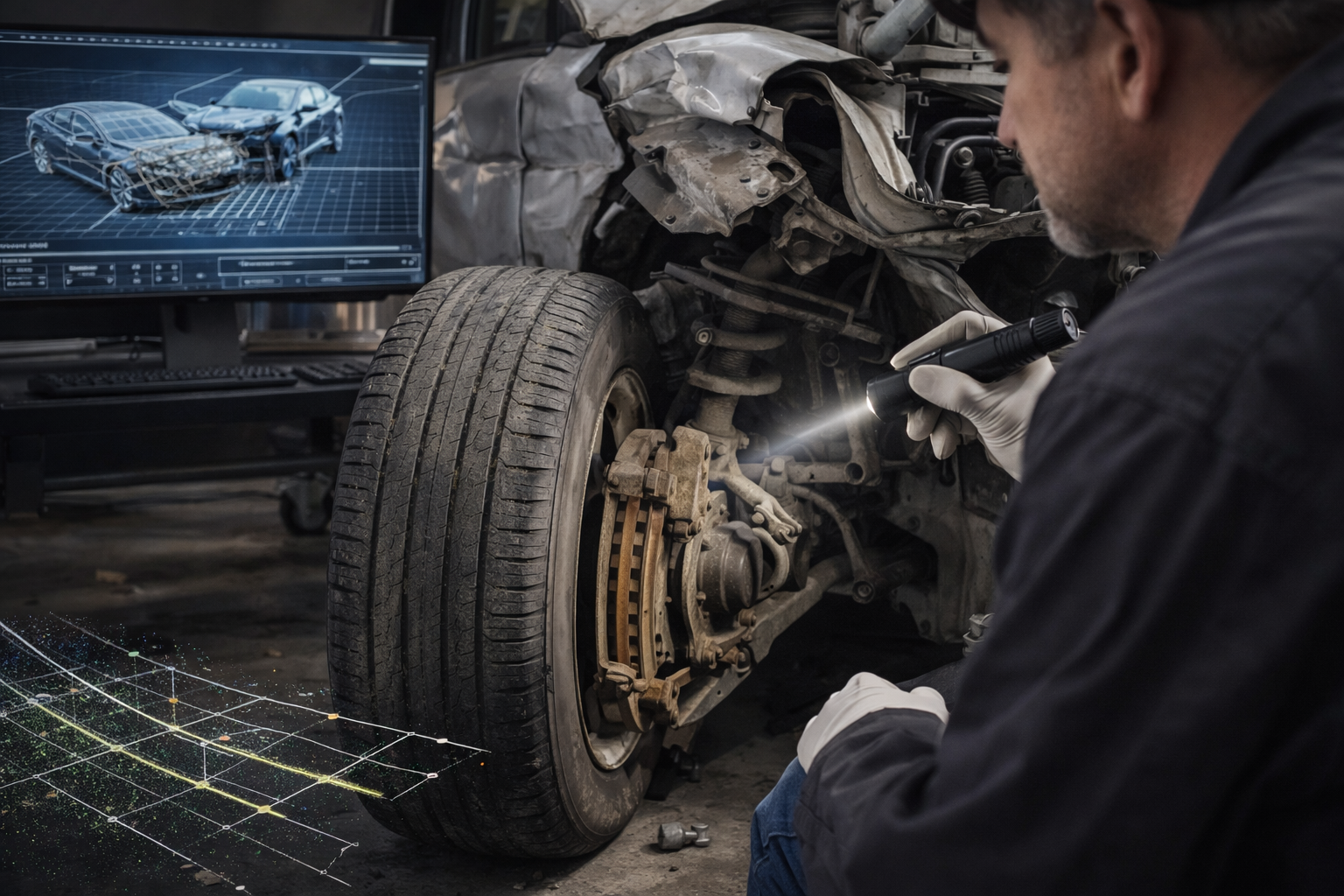 Vehicle inspection for accident reconstruction showing brake, tire, steering, and collision damage analysis